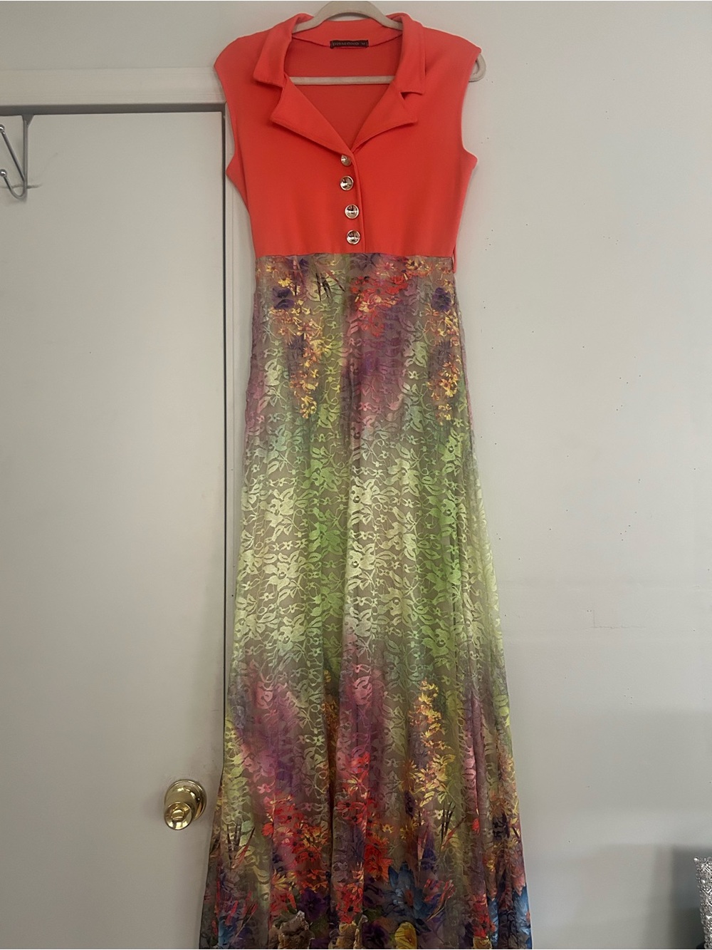 Diamond Supply Co. Coral Top with Multicolor Floral Skirt Maxi Dress